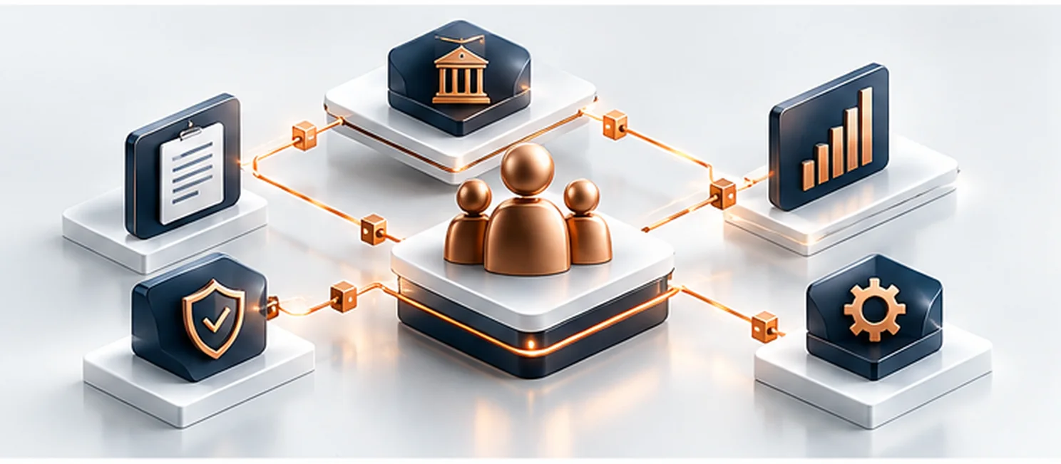 Illustration: accountable team connected to controls, reporting and governance