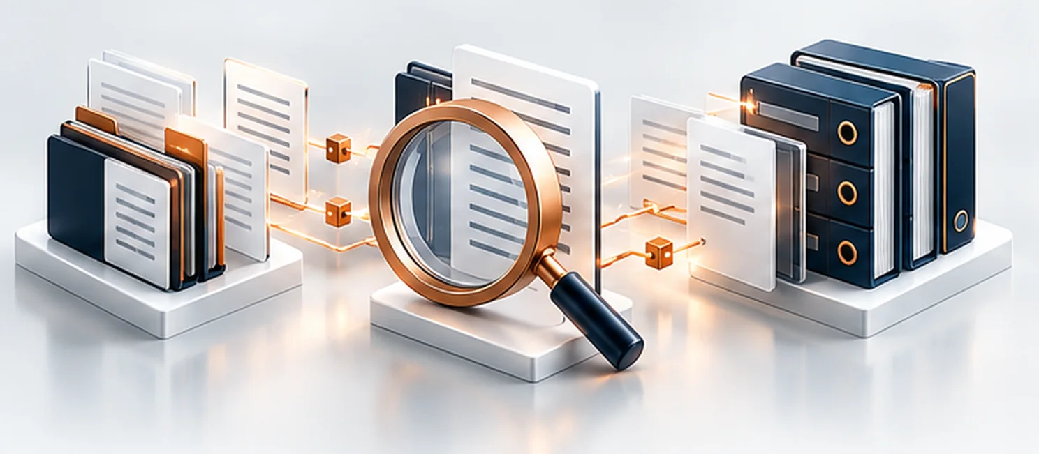 Illustration: evidence files examined under a magnifier and filed in an audit archive